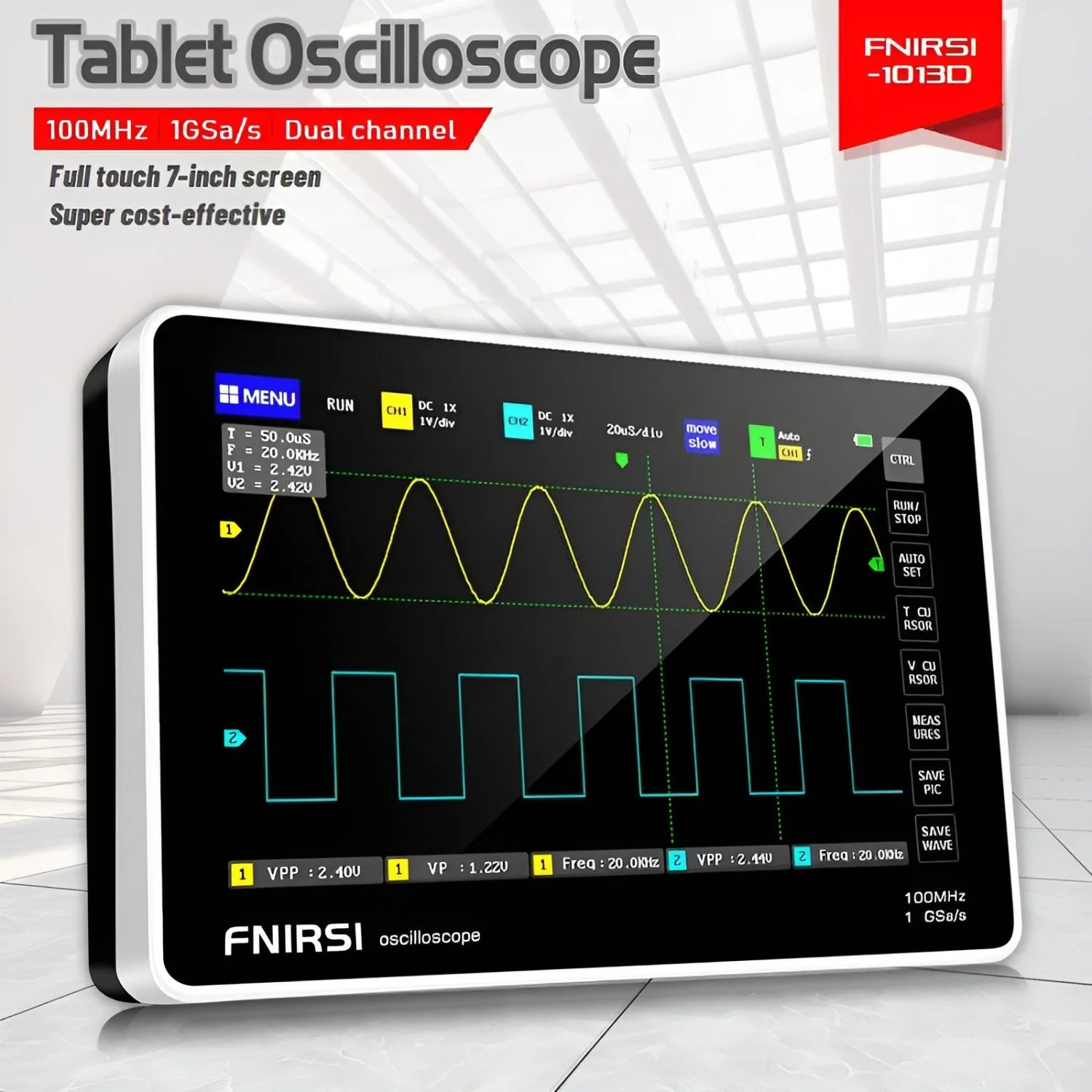 FNIRSI® 1013D Tablet Dual Channel 100MHz 1GS/s Touchable Panel Oscilloscope - Image 3