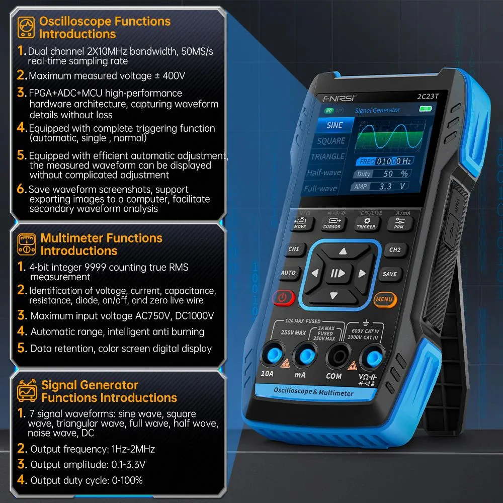 FNIRSI® 2C23T Handheld Dual Channel 3-in-1 10MHz 50MS/s Oscilloscope Multimeter DDS Function Generator - Image 5