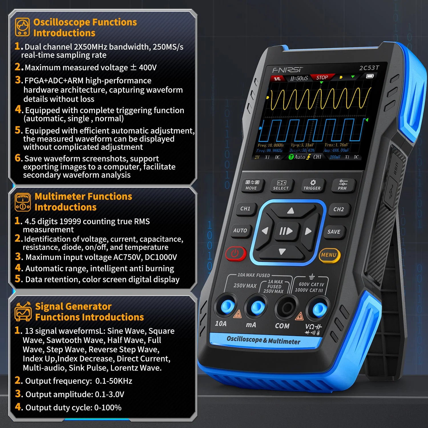 FNIRSI® 2C53T 50MHz 250MS/s Handheld 3in1 Oscilloscope Multimeter Signal Generator - Image 3