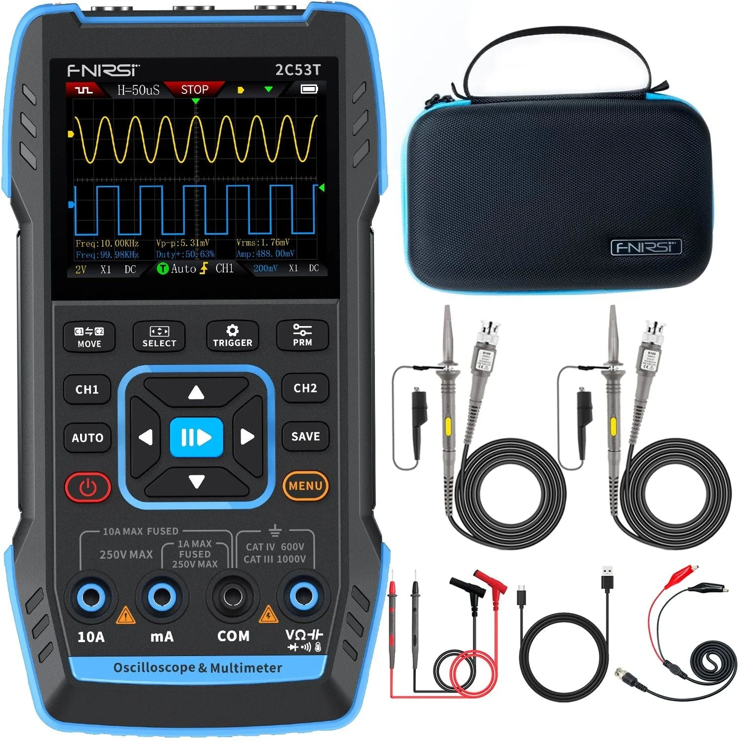 FNIRSI® 2C53T 50MHz 250MS/s Handheld 3in1 Oscilloscope Multimeter Signal Generator - Image 8