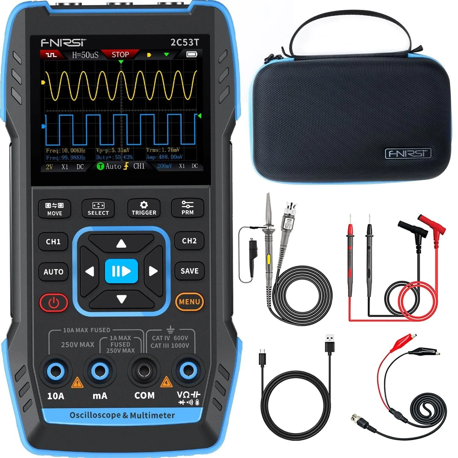 FNIRSI® 2C53T 50MHz 250MS/s Handheld 3in1 Oscilloscope Multimeter Signal Generator - Image 9