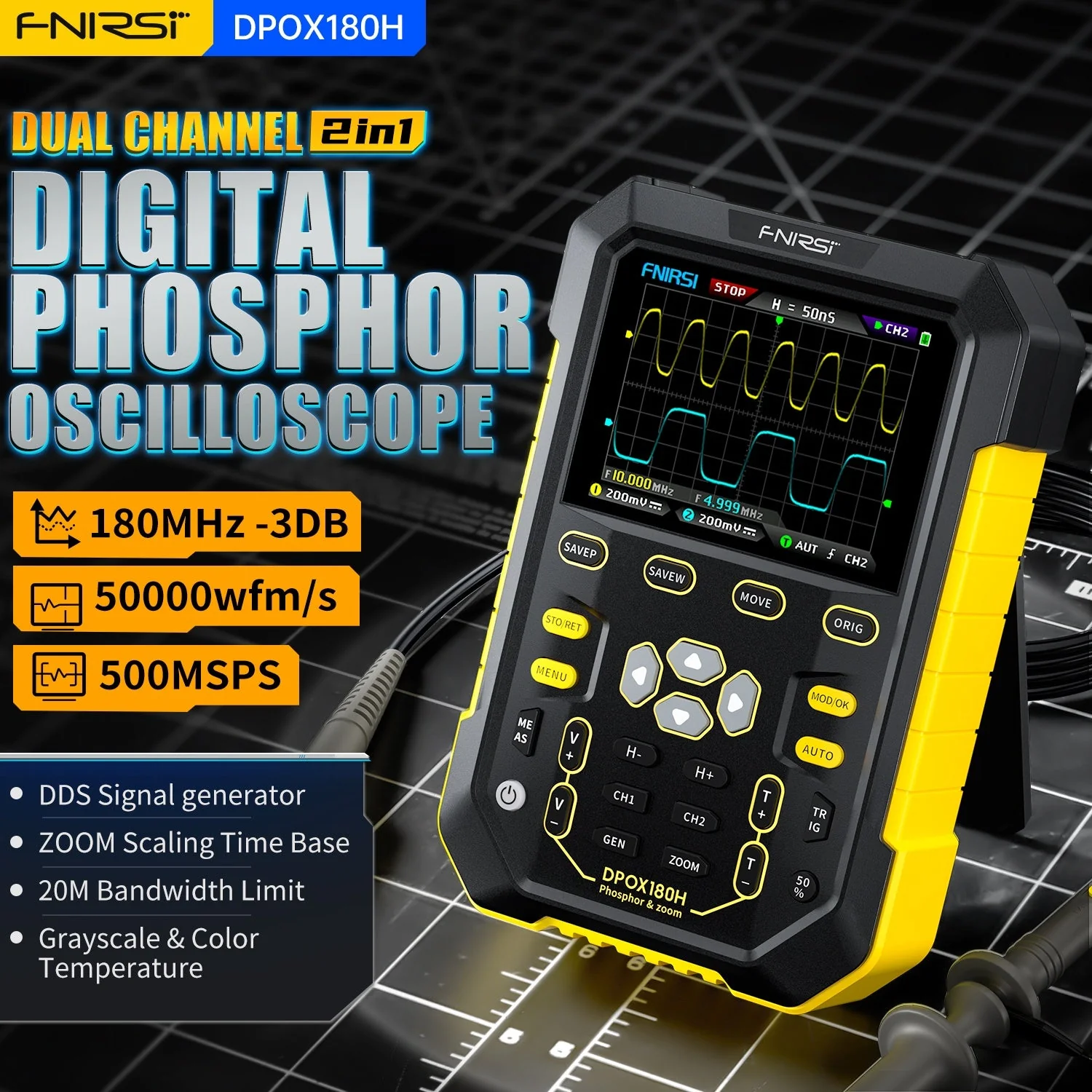 FNIRSI® DPOX180H 2-IN-1 Dual Channel 180MHz 500MS/s Digital Phosphor Oscilloscope Signal Generator - Image 10
