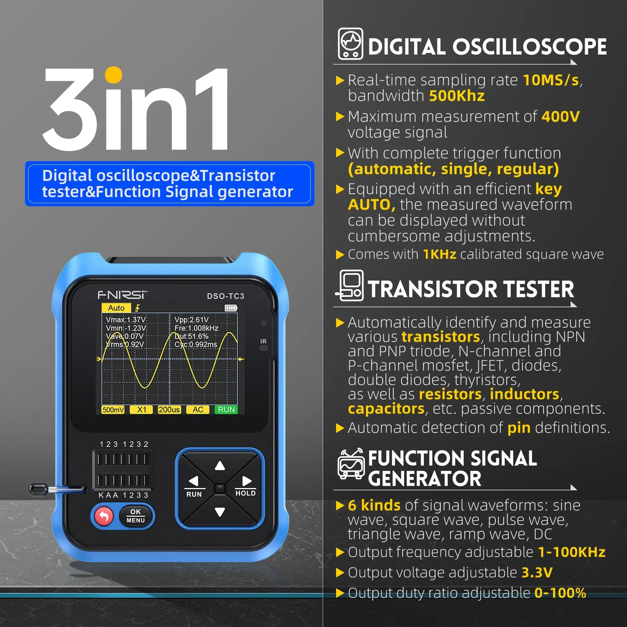 FNIRSI® DSO-TC3 3-IN-1 Handheld 500KHz 10MS/s Digital Oscilloscopes Signal Generator Transistor Tester - Image 10