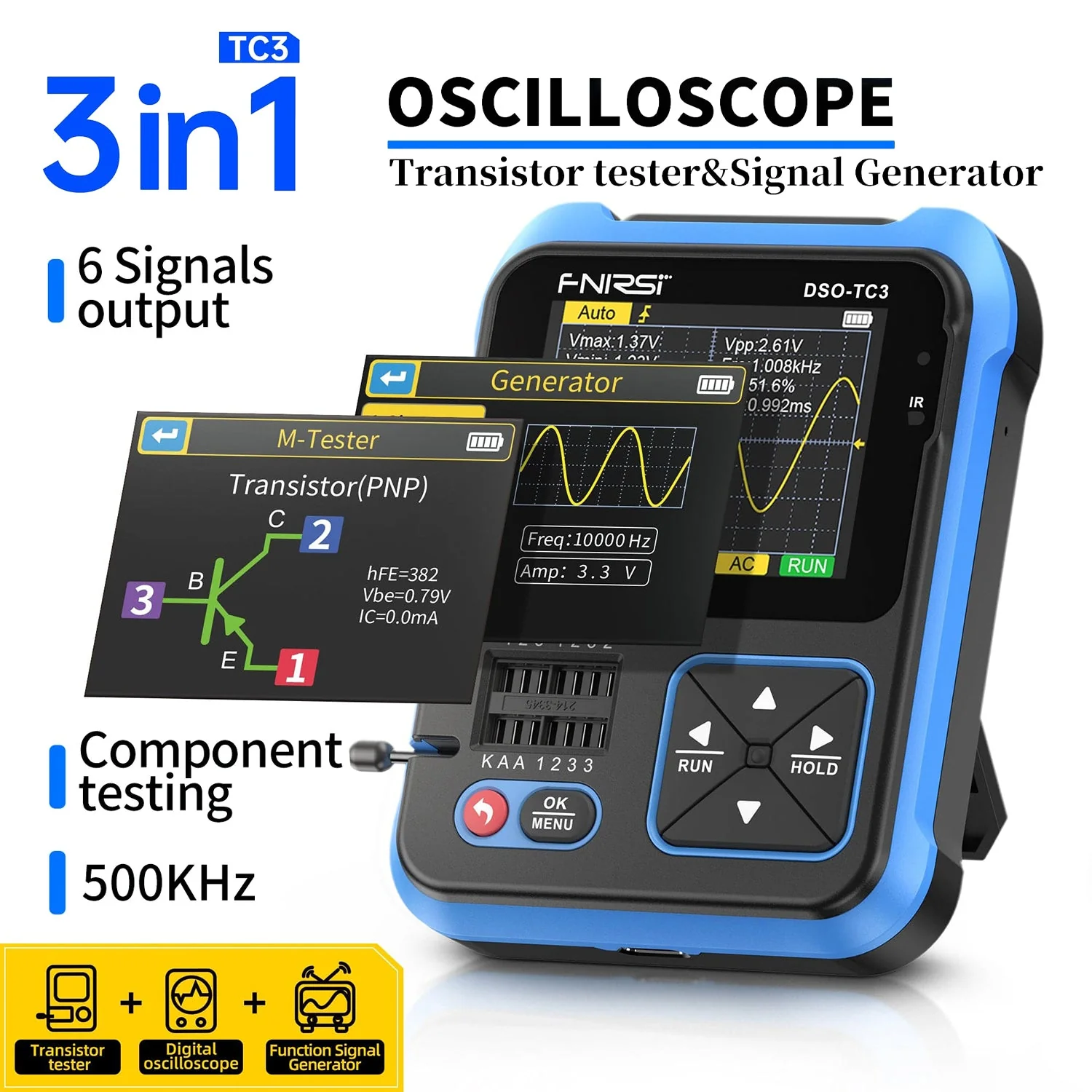 FNIRSI® DSO-TC3 3-IN-1 Handheld 500KHz 10MS/s Digital Oscilloscopes Signal Generator Transistor Tester - Image 3