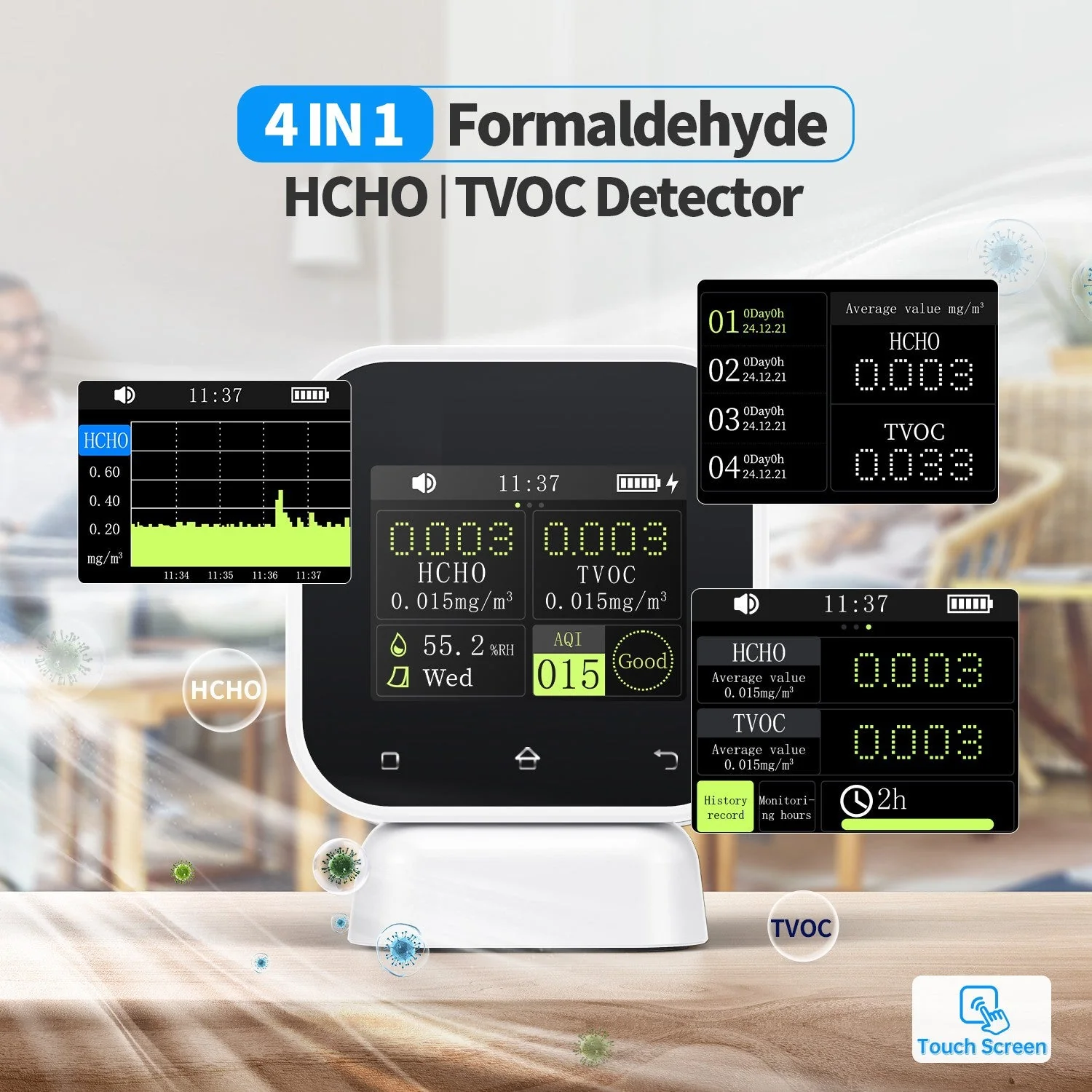 FNIRSI® SFD-02 4-IN-1 Indoor Air Quality Monitor Touchscreen Formaldehyde Detector HCHO TVOC Tester - Image 3