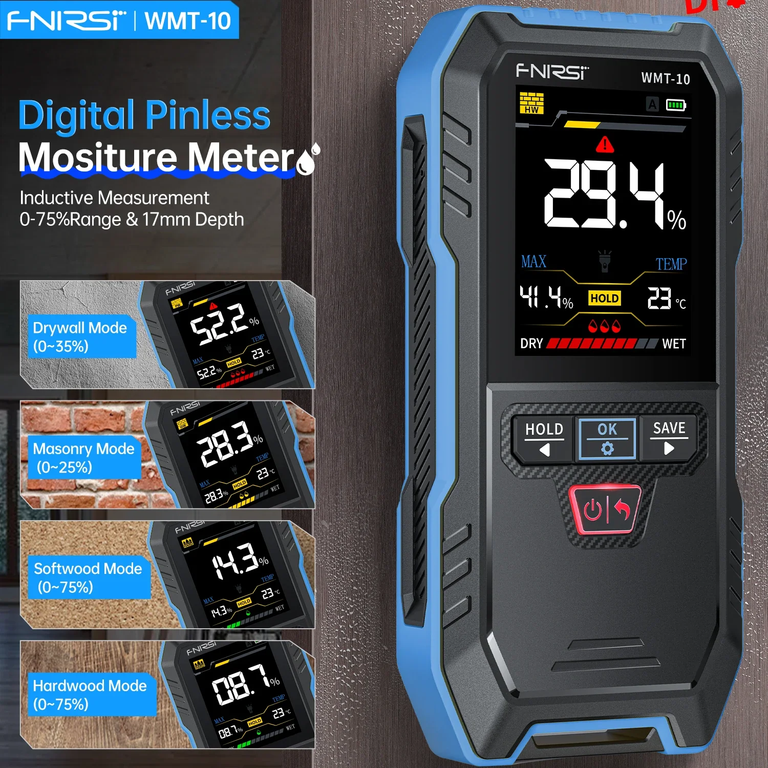 FNIRSI® WMT-10 Non-contact Inductive Wood & Wall Moisture Meter Hygrometer - Image 3